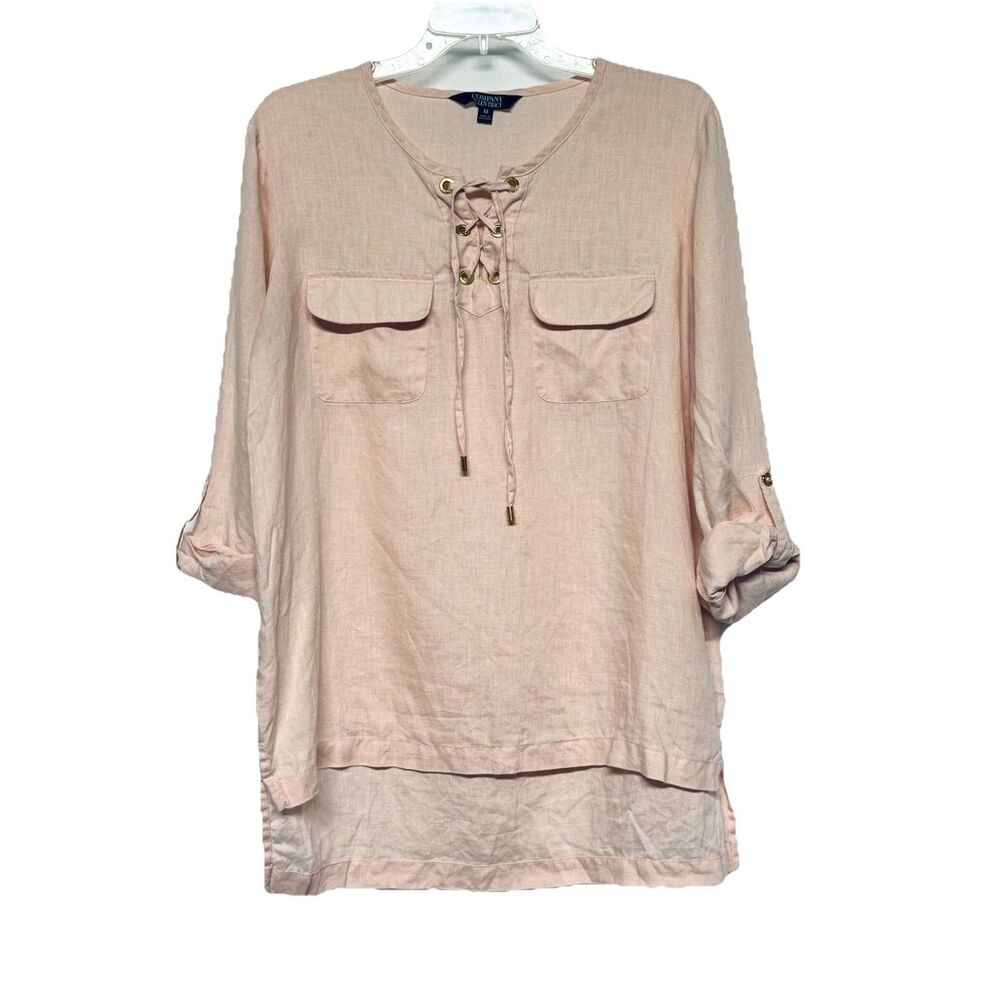 100% Linen Company Ellen Tracy Tunic Top Women's M Peachy Pink Lace Tie Tab Slvs